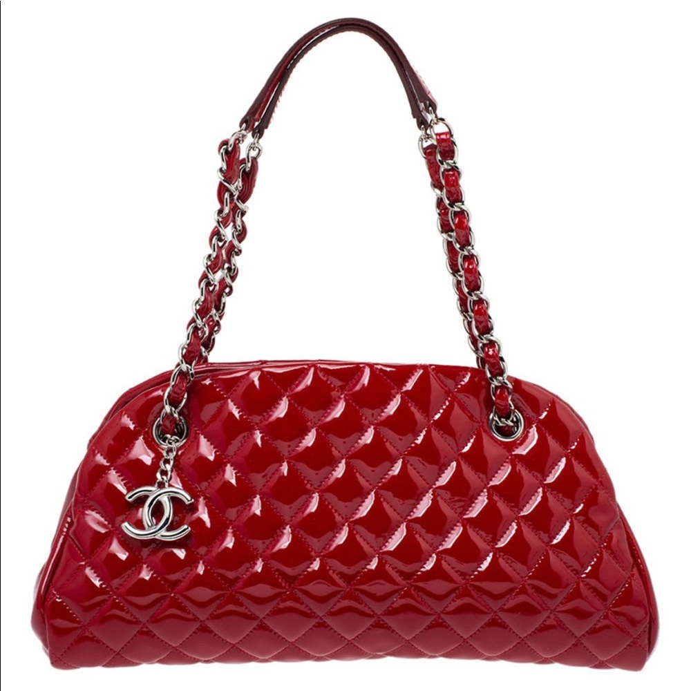 Authentic Chanel Red Quilted Patent Leather Just Mademoiselle Bowler Bag